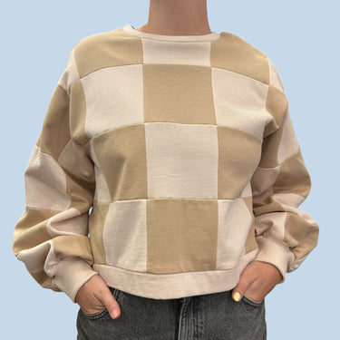 Pull à damiers roses et sable en coton pour femmes OS