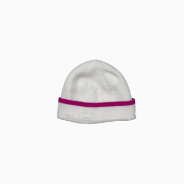 Tuque vanille avec bande fushia en tricot de laine, cachemire et poly 49CM 9-12M