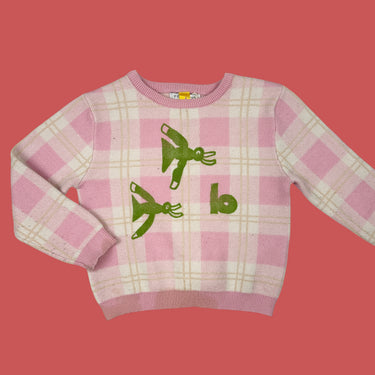 Pull carreauté rose oiseaux vert 4-5Y