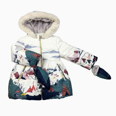 Manteau avec mitaines blanche 'montagnes' doublé en peluche 3-4Y