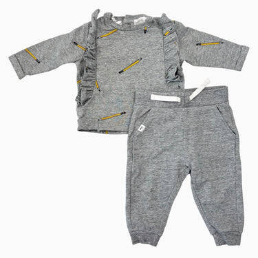 Ensemble pull à imprimé crayons et pantalon de jogging gris en coton extensible chiné 6M