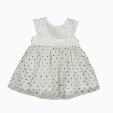 Robe blanche avec volant doublé en tulle à pois paillettés 6M