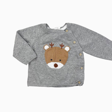 Pull gris 'renne' en tricot de coton 2-4M
