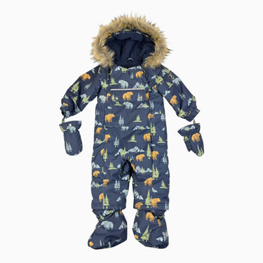 Habit de neige avec chaussons et mitaines marine ‘ours’ fausse-fourrure amovible 18M