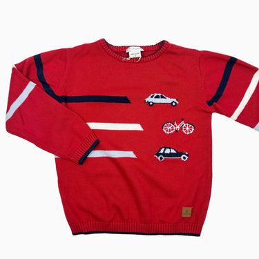 Pull rouge voitures en tricot 6Y