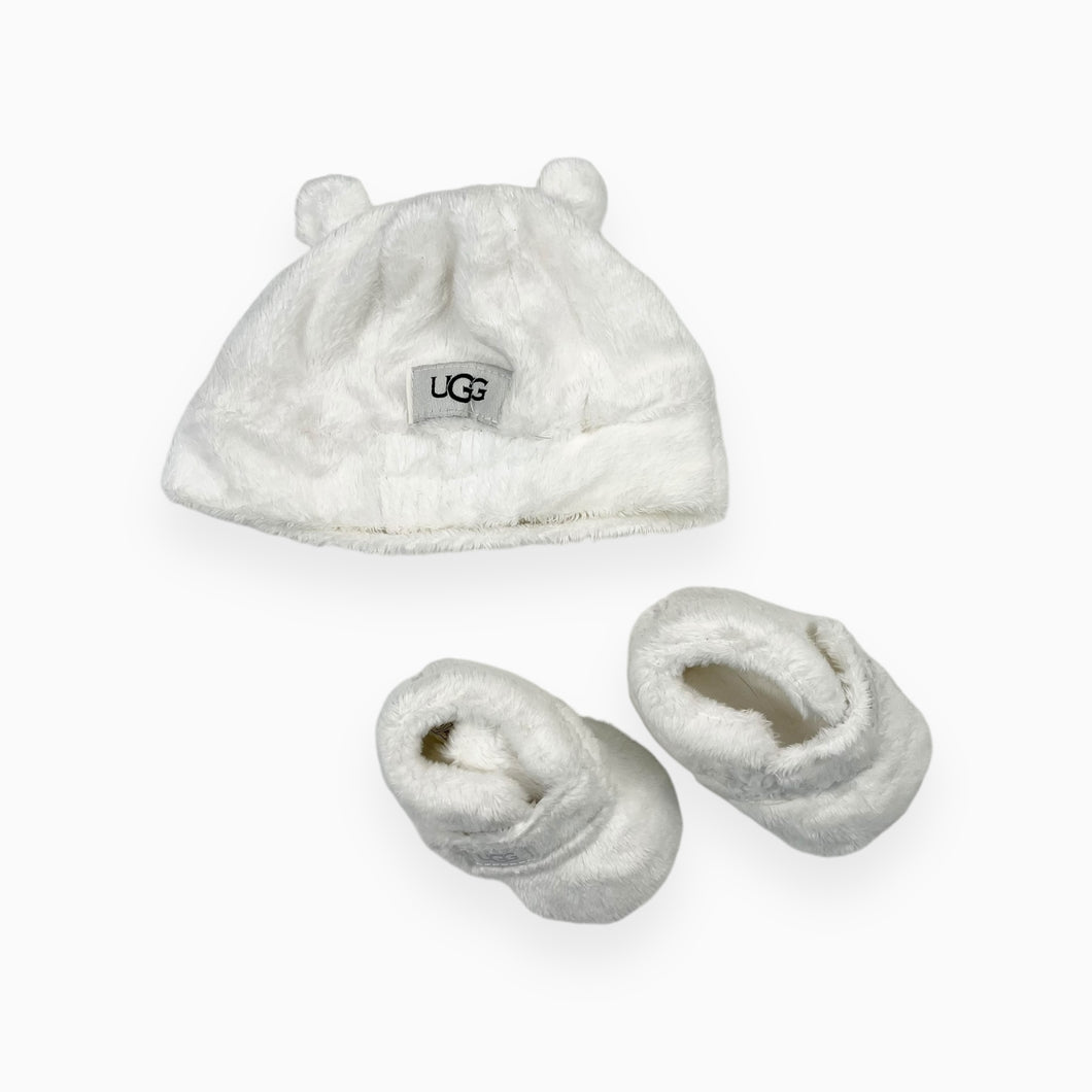 Ensemble pantoufles blanches en peluche 'Bixbee' à velcro 0-1 US (0-6M) et bonnet