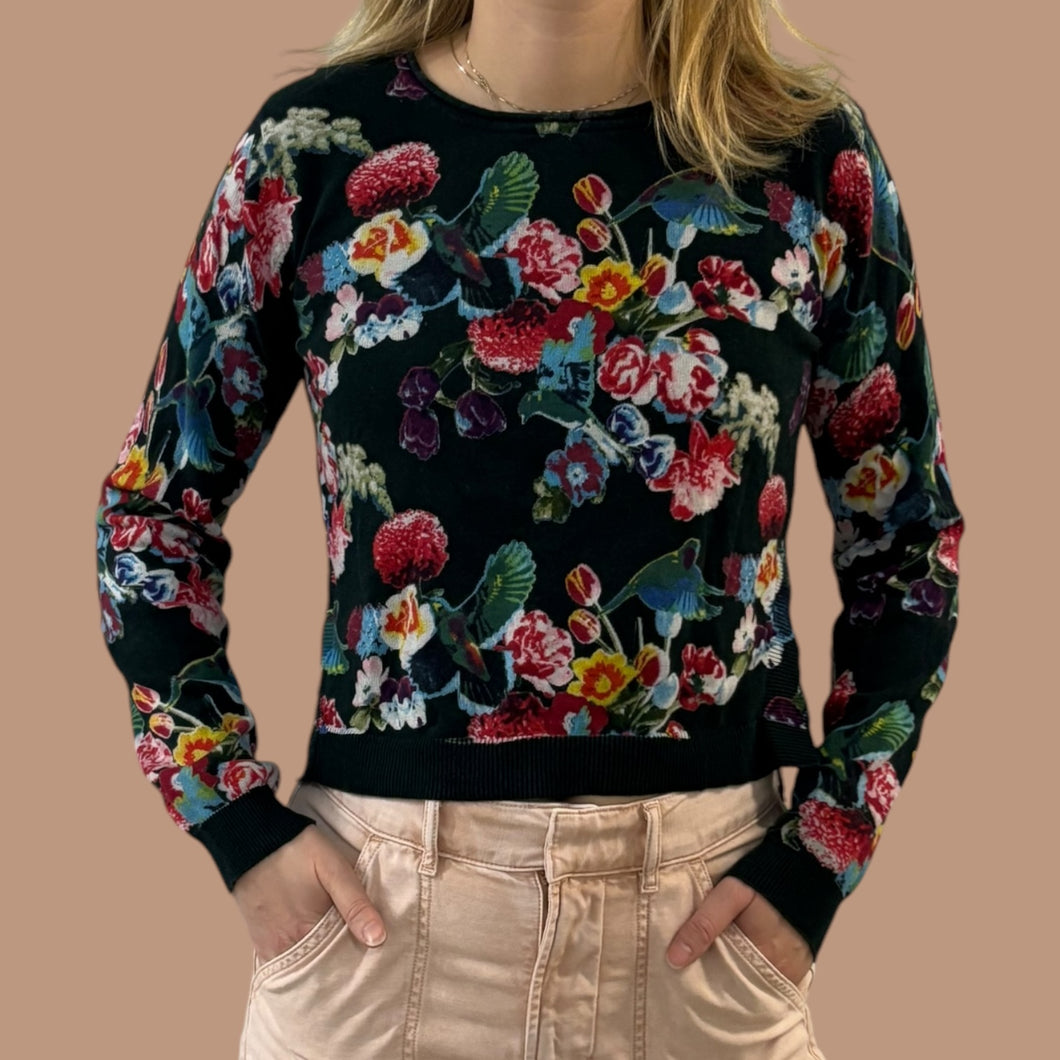 Pull noir en tricot de coton mélangé à imprimé colibri et floral pour femmes 8-10 US (Fit S)