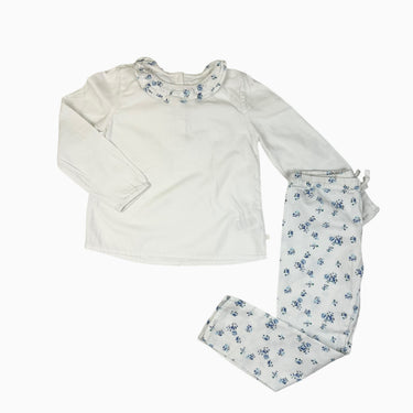Ensemble blouse blanche à col frisé et pantalon fleuri bleu 8Y
