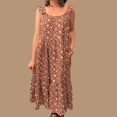 Robe maxi noisette fleuri en mousseline de coton pour femmes S