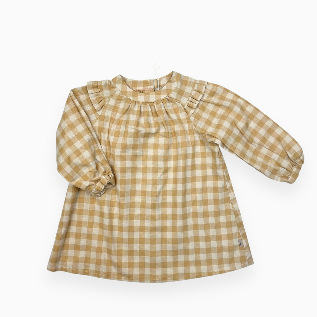 Robe en lin et coton à motif ginghan crème et taffy 18M