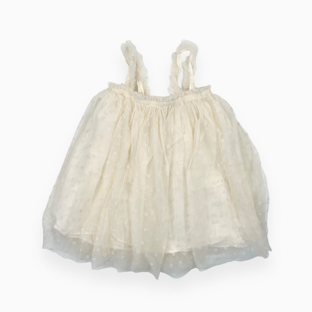 Robe style tunique crème en tulle avec fleurs brodées doublée en coton 6-8Y