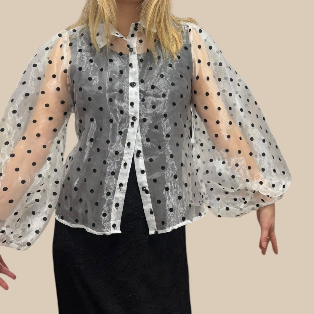 Blouse vaporeuse en chiffon de poly à larges pois noirs pour femmes S