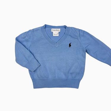 Pull bleu col en V en fin tricot de coton 9M