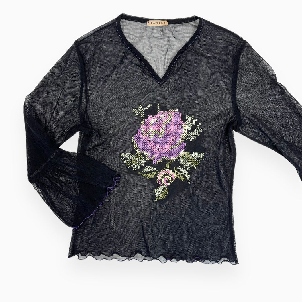 Chandail noir en mesh avec broderie florale pour femmes XS