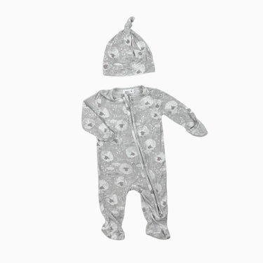 Pyjama et bonnet gris 'moutons' en bambou et spandex 0-3M