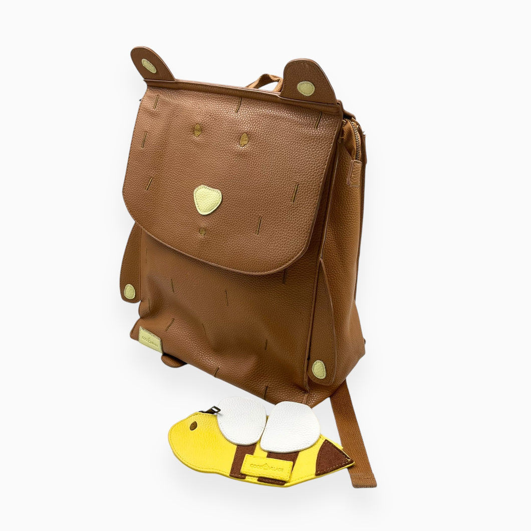 Sac à dos marron et jaune ourson en cuir vegan avec pochette abeille 40x24x14cm