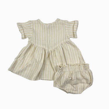 Robe avec bloomer à rayures jaunes en mousseline 3-6M