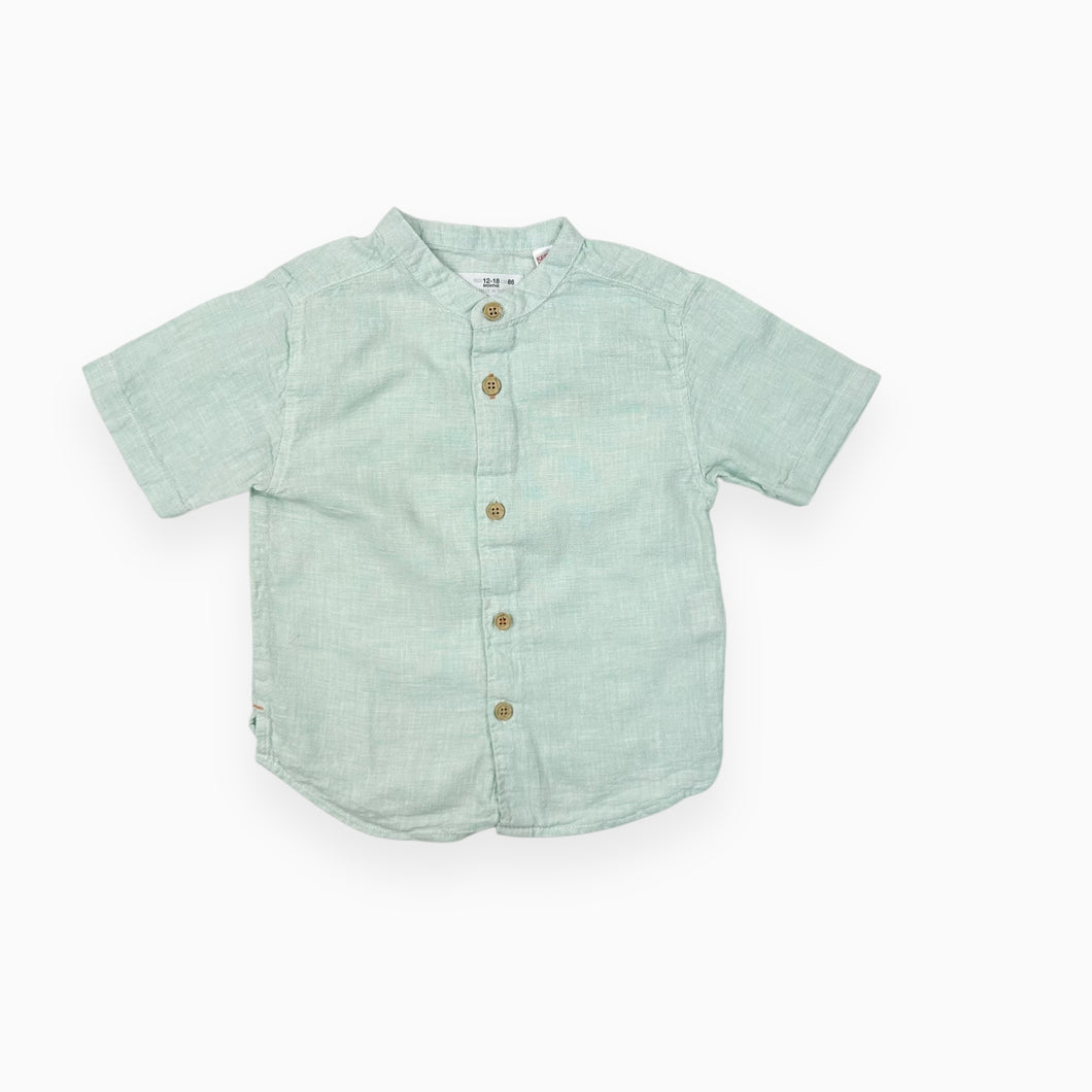 Chemise aqua pastel en à col mao en coton et lin 12-18M