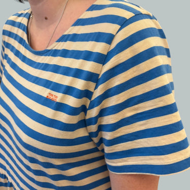 Robe maxi à rayures bleu et beige-rosé en coton pima pour femmes 42EU