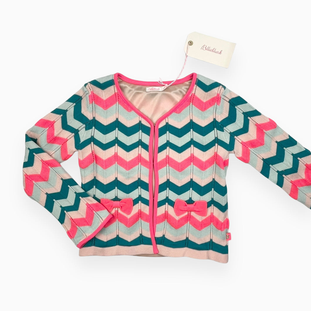 Cardigan en tricot de coton et acrylique chevron aqua, turquoise, rose poudré et néon 5Y