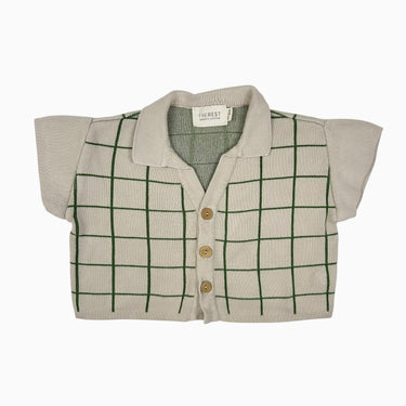 Cardigan greige à carreaux verts en tricot de coton bio 6-12M