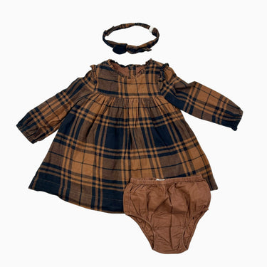 Robe marron à carreaux noirs en flanelles avec bloomer et bandeau 18-24M