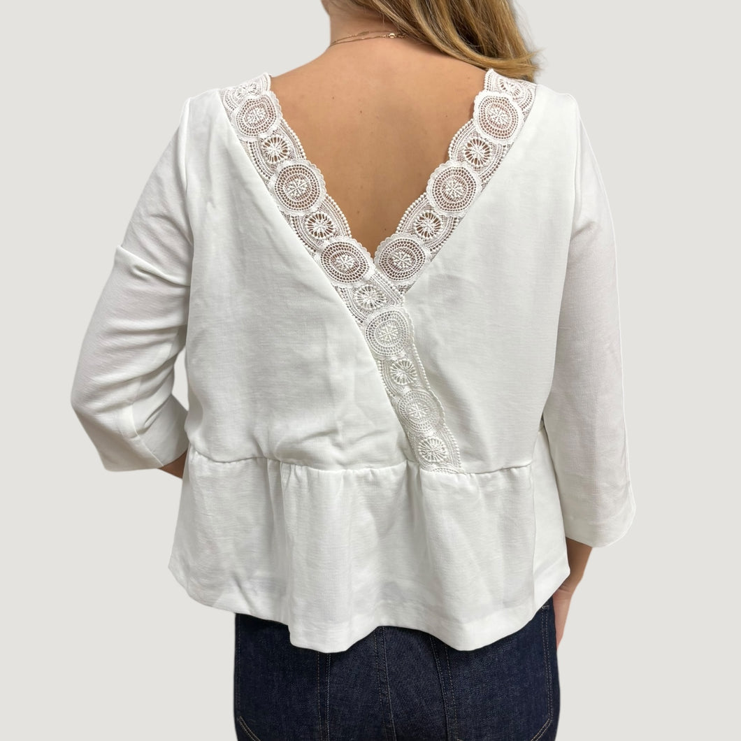 Blouse blanche en poly et viscose avec dentelle de coton pour femmes 38 (fit S-M)