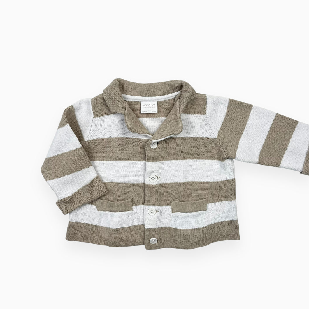 Veste à col chemise à larges rayures sables et blanches en tricot de coton 68 (fit 6-9M)