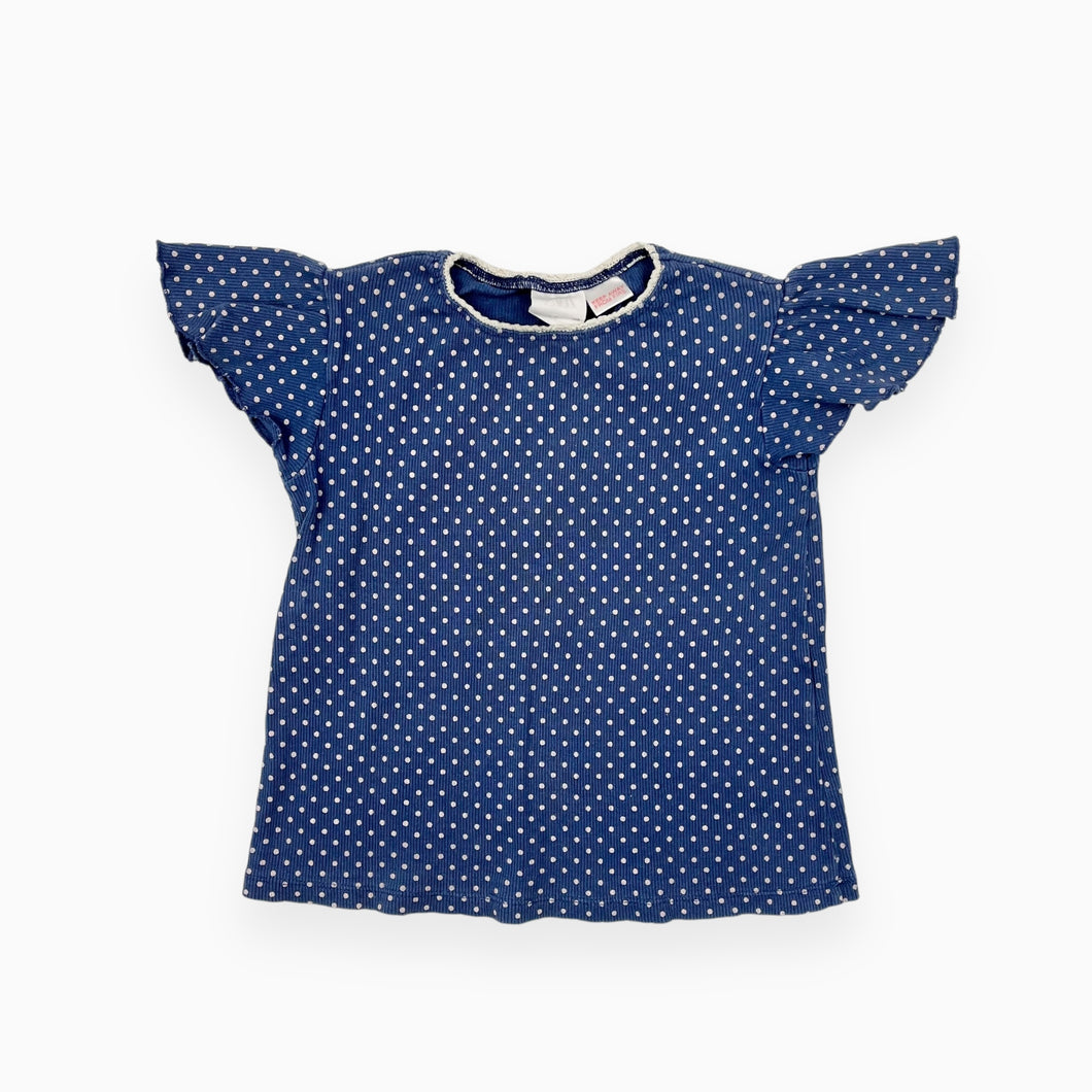 T-shirt bleu à pois roses en coton cotelé 2-3Y