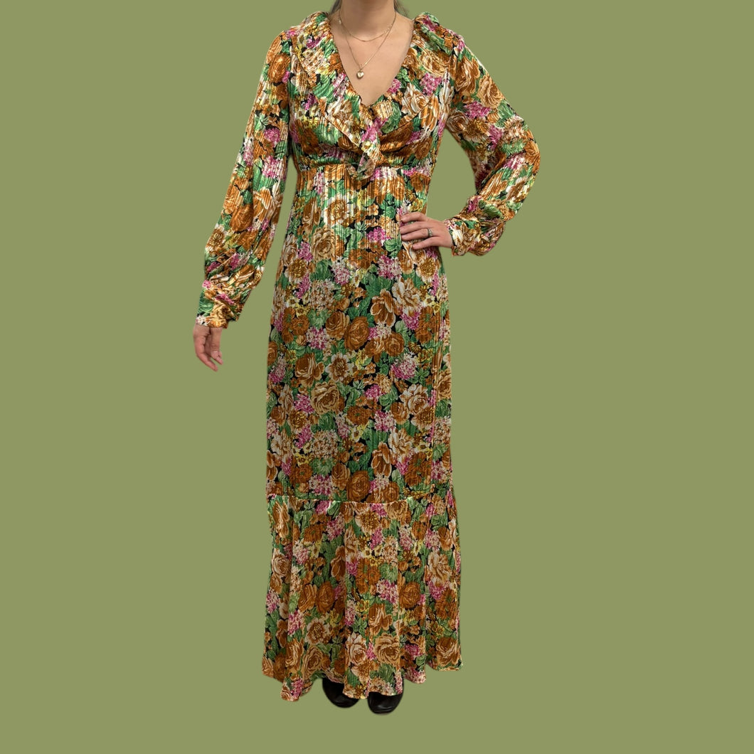 Robe maxi en chiffon de poly doublée à imprimé floral avec couture dorée pour femmes 2 US