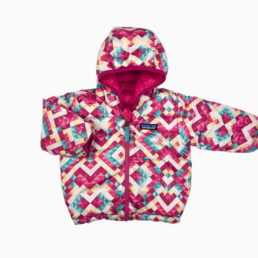 Manteau mi-saison fushia réversible à motifs en duvet 6-12M