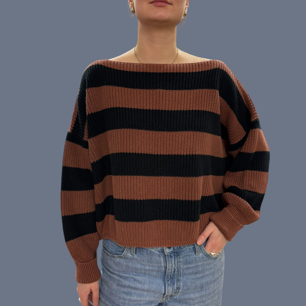 Pull oversized et cropped en tricot de coton à larges rayures mocha mousse et noires pour femmes S