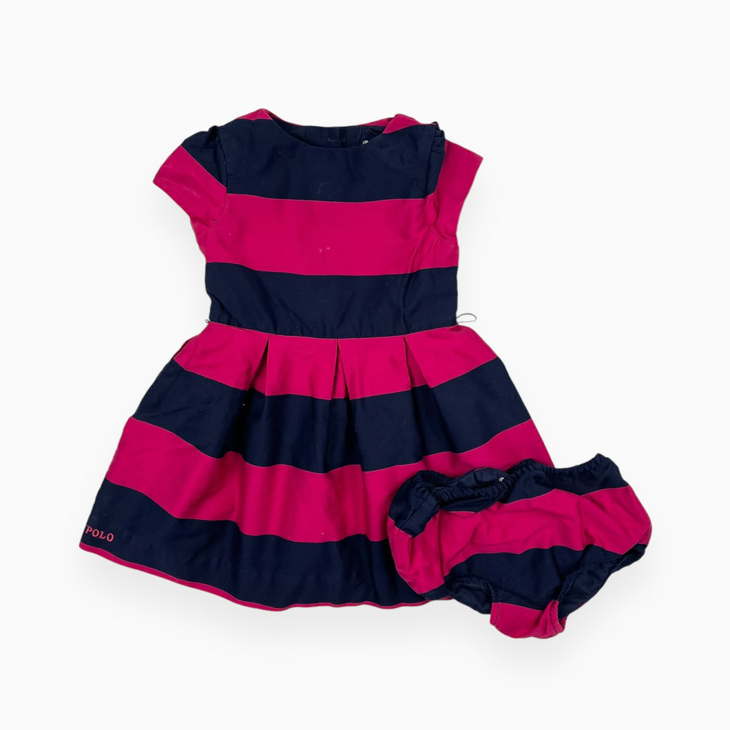 Robe et bloomer marine et magenta à larges rayures en coton 12M