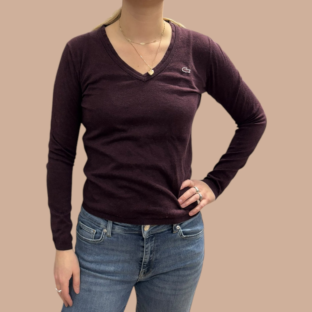 Pull bordeau chiné avec col en V et en fin tricot de coton pour femmes 36