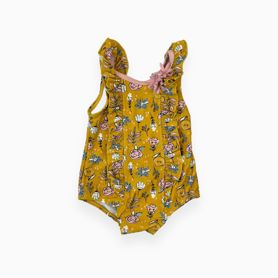 Maillot jaune à motif floral en polyamide avec boutons à la fourche 6-9M