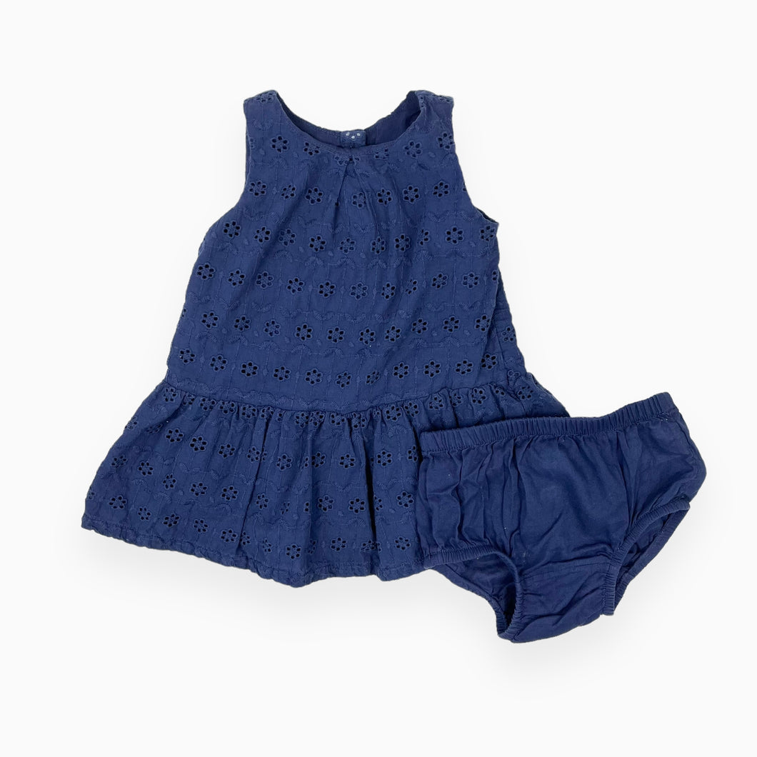 Robe avec bloomer bleu marine en coton brodé à l'anglaise 3-6M