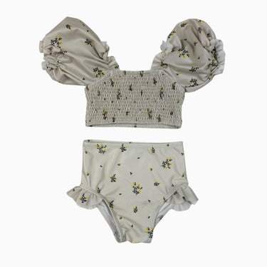 Bikini champagne fleuri avec smock 1-2Y