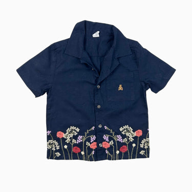 Chemise marine 'up-cycle' avec fleurs brodées en lin et coton 6Y