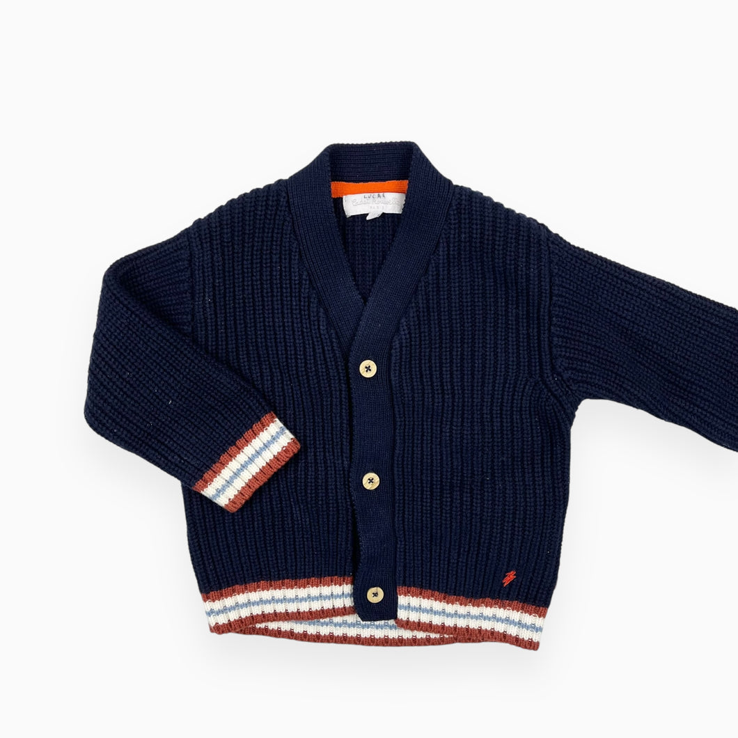 Cardigan marine avec rayures rouille et bleuc ciel en tricot de coton et laine 18M