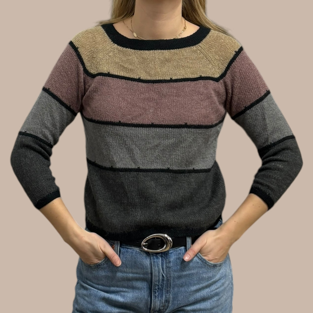 Pull en fin tricot de laine mélangé à larges rayures pour femmes S (Fit XS-S)