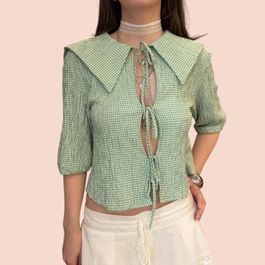 Blouse à col vichy vert avec nouettes en viscose mélangée pour femmes M