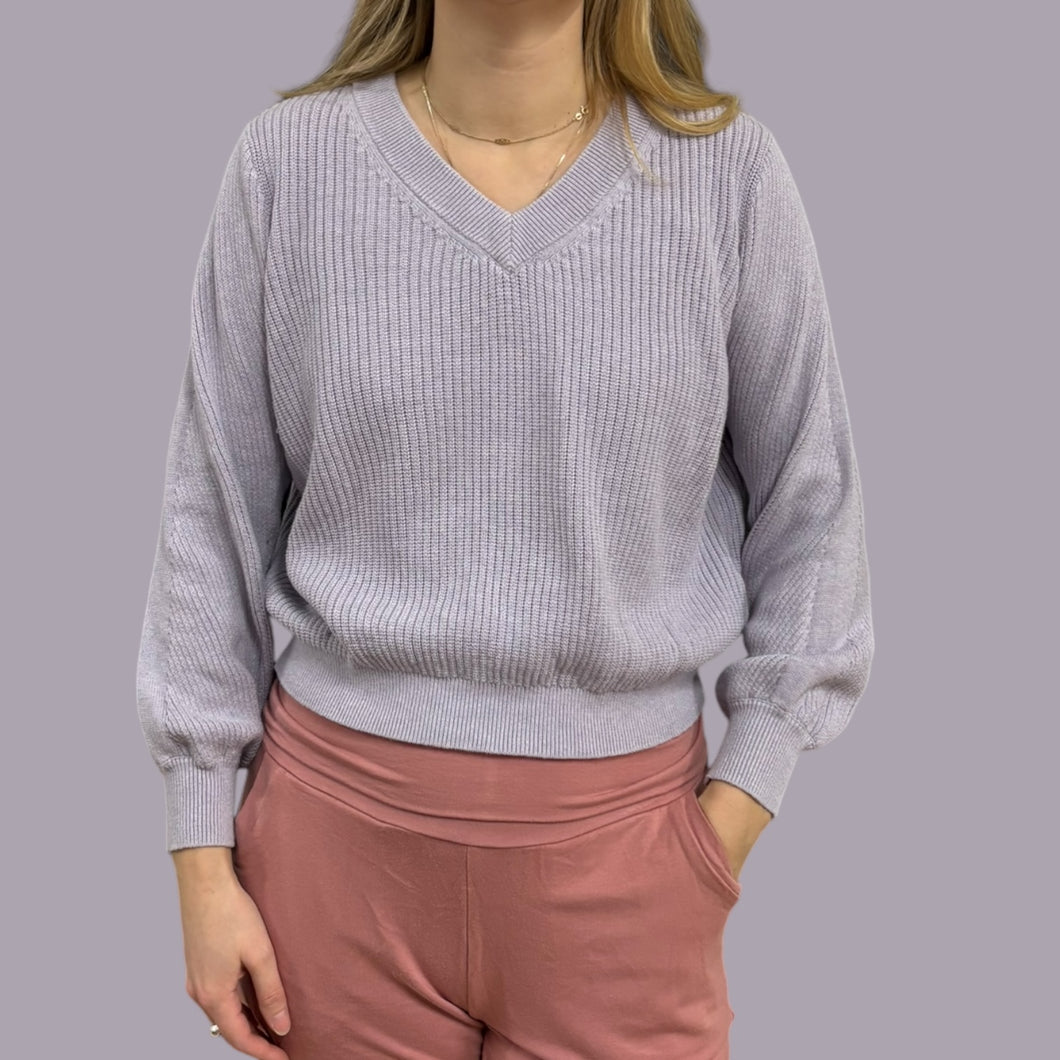 Pull lilas col en V en tricot de coton pour femmes XS