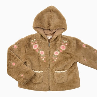 Manteau marron avec fleurs brodées en peluche 6Y