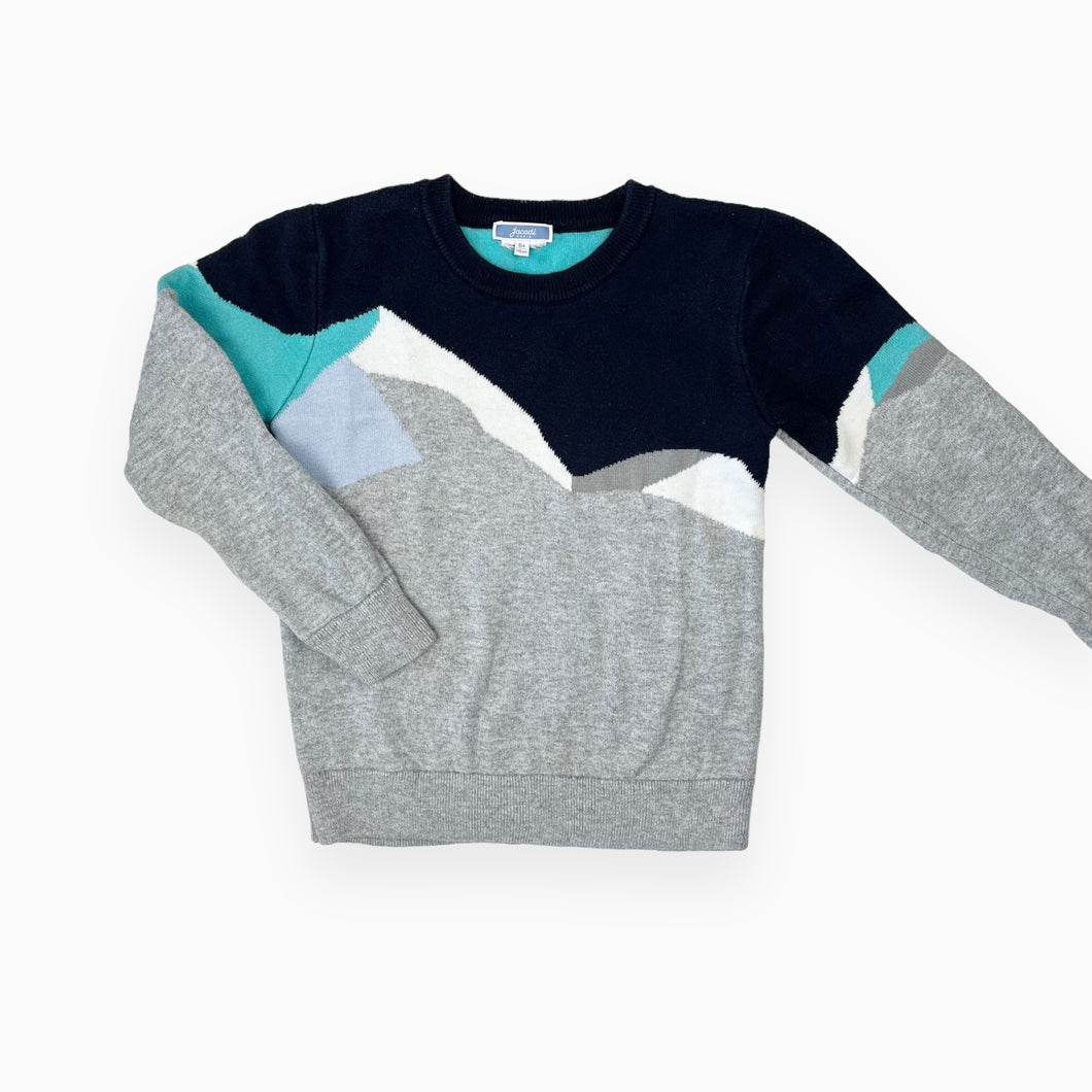 Pull marine, gris et aqua en tricot de coton et laine 6Y