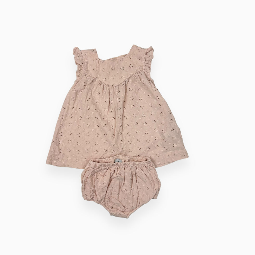 Robe et bloomer en coton rose pâle brodée 6M