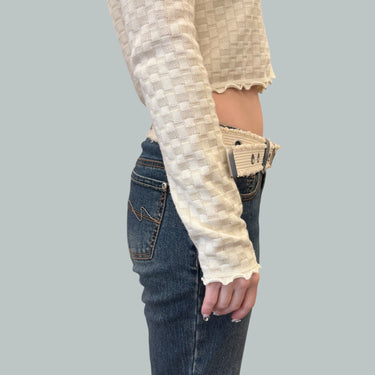 Cardigan 'damiers' vanille en tricot de coton et soie pour femmes S