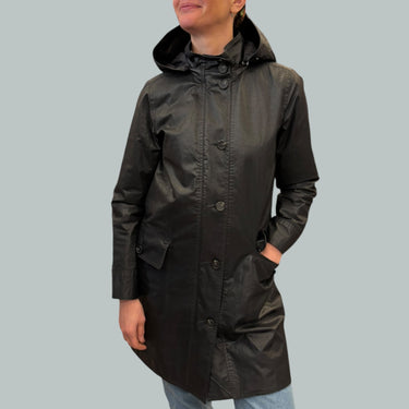 Manteau trench ciré mi-saison noir pour femmes 6US