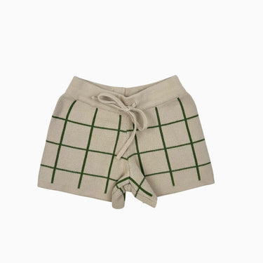 Short greige à carreaux verts en tricot de coton bio 6-12M