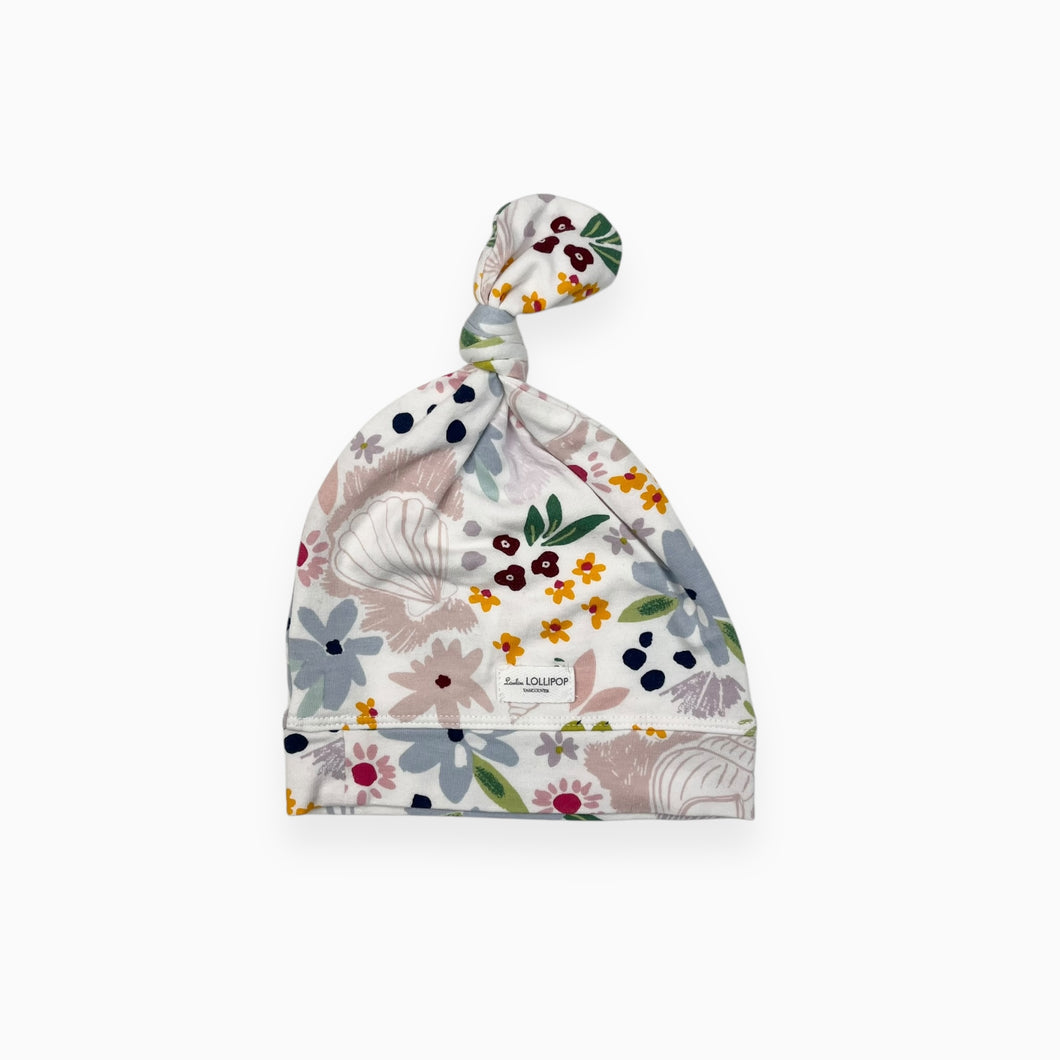 Bonnet de naissance blanc à imprimé floral et coquillage en lyocel, coton et spandex 6-12M