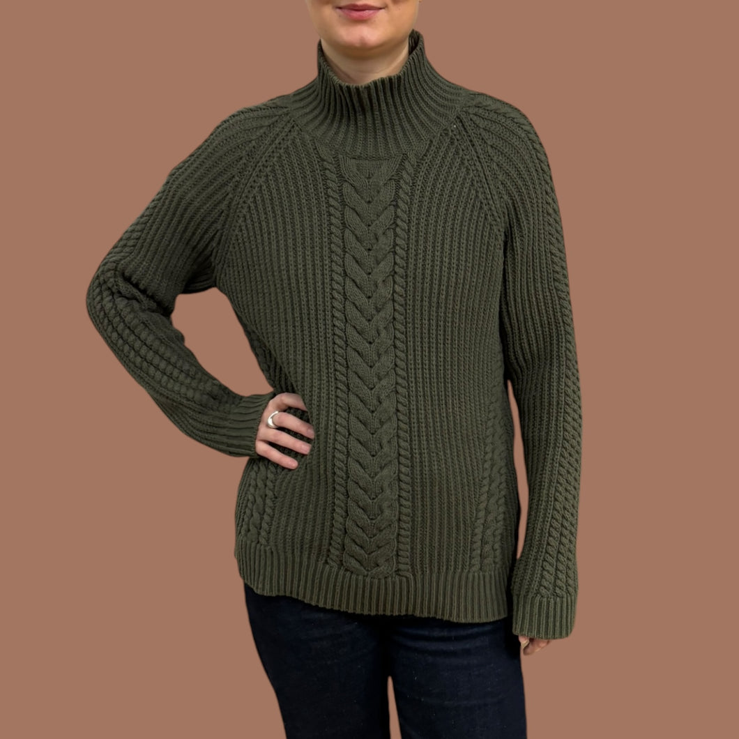 Pull vert khaki en tricot 'chunky et torsadé de coton et acrylique pour femmes 6 US